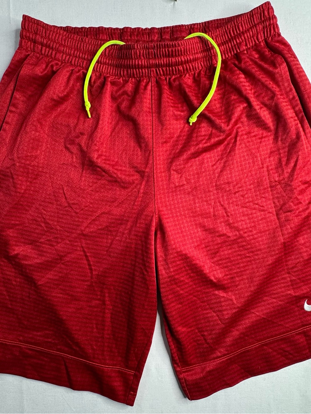 Nike Men’s Red Athletic Shorts with Neon Yellow Drawstring